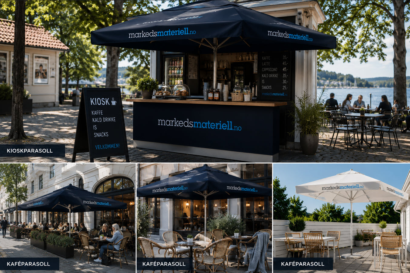 kioskparasoll og parasoller fra markedsmateriell