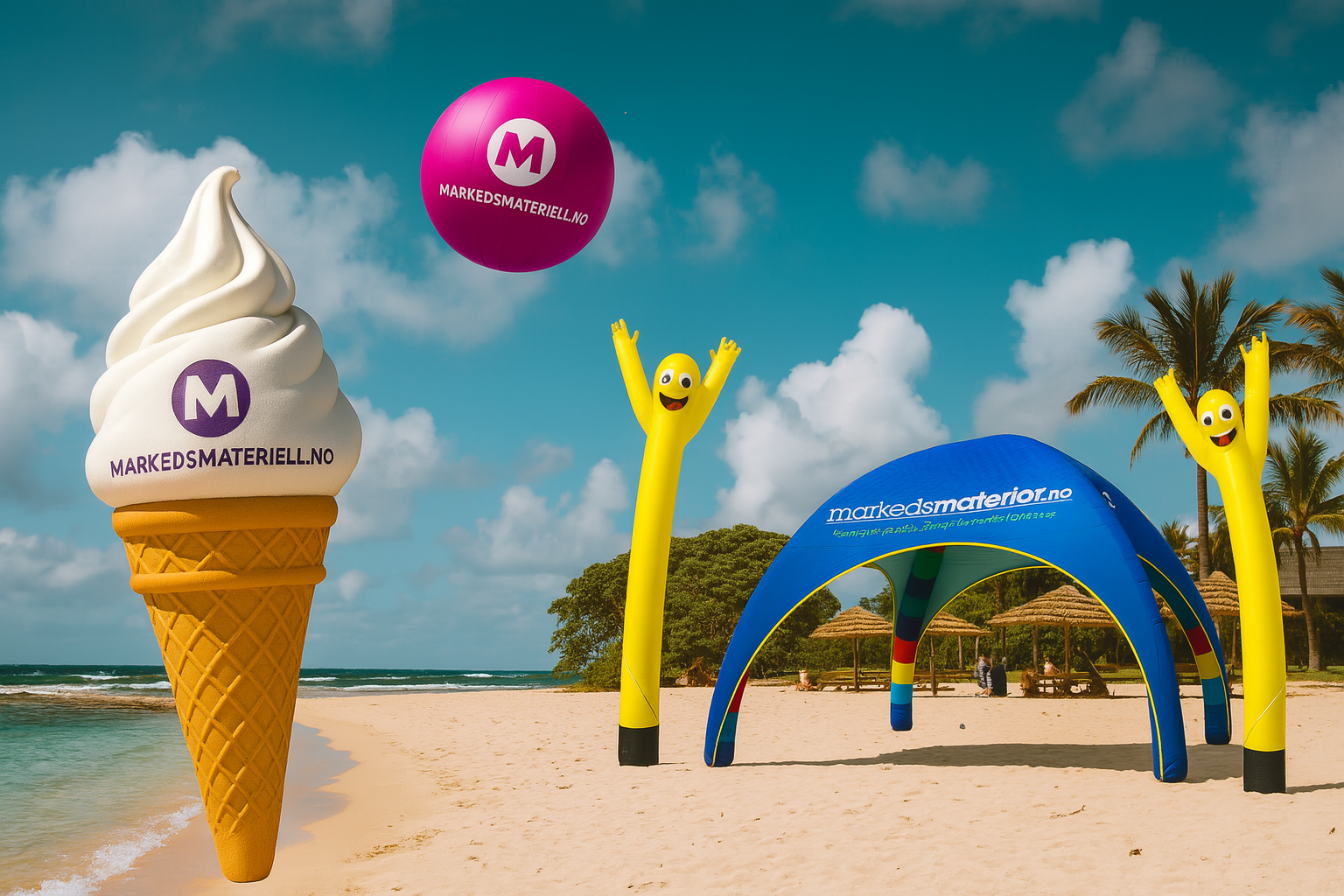 Oppblåsbart eventtelt med beachflagg og sakkostoler på utendørs arrangement